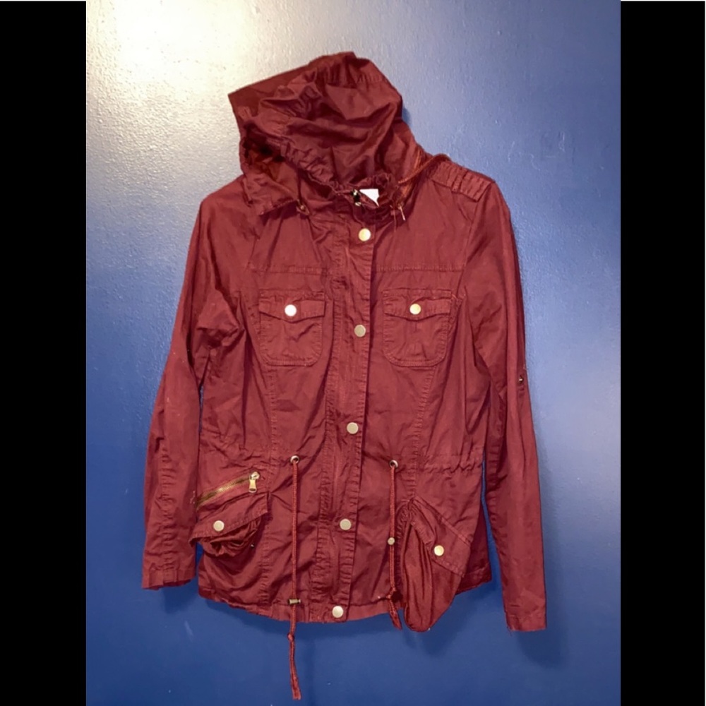 Burgundy YMI, zip up/ button up hooded jacket. Women’s size medium